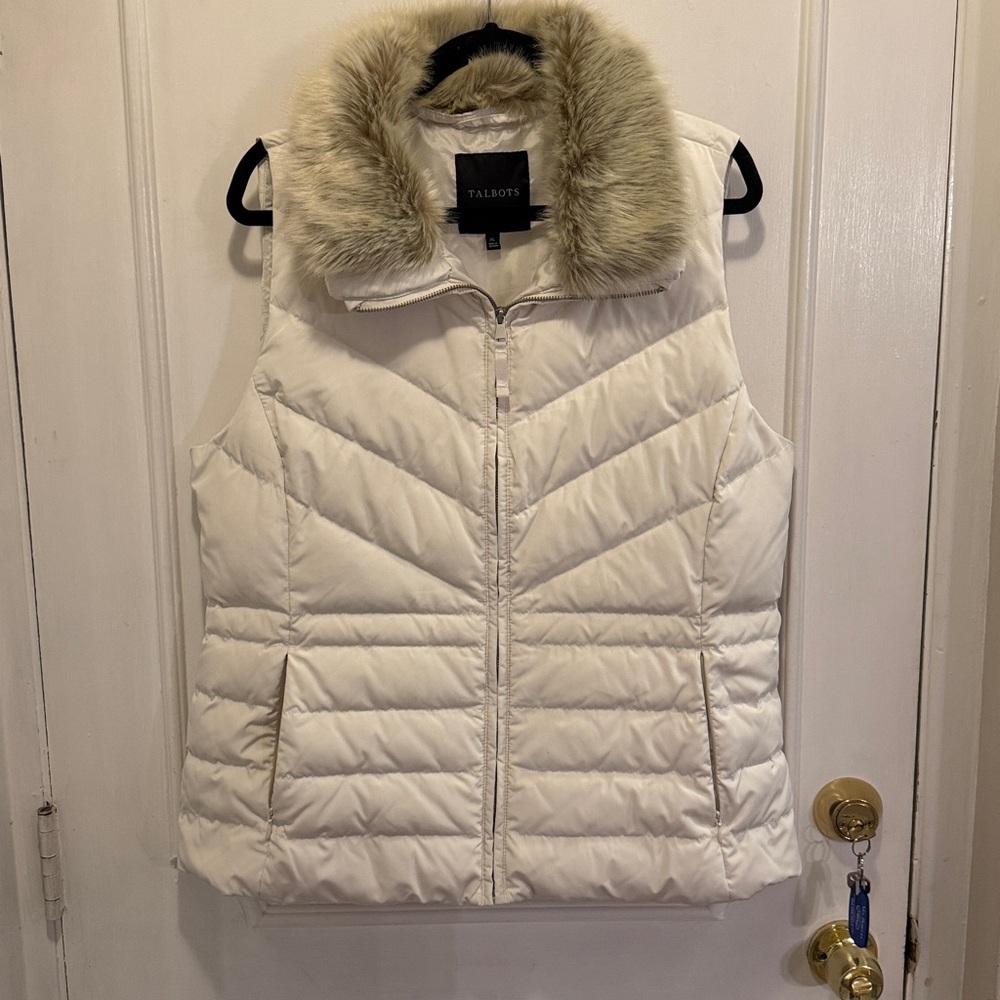 Talbots Cream Puffer Vest with Faux Fur Trim xl
